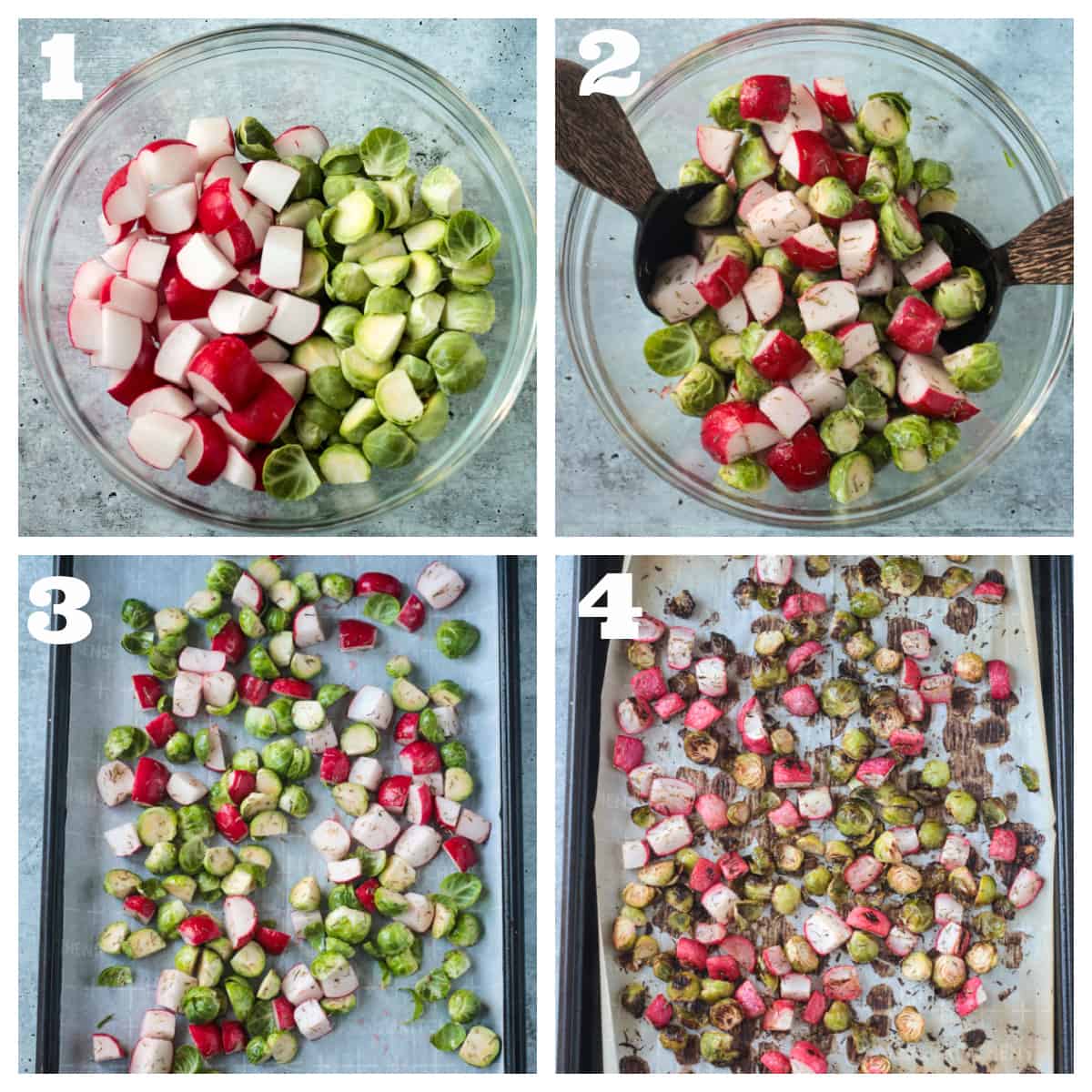 4 photo collage of mixing the vegetables with seasoning and roasting on a baking sheet.