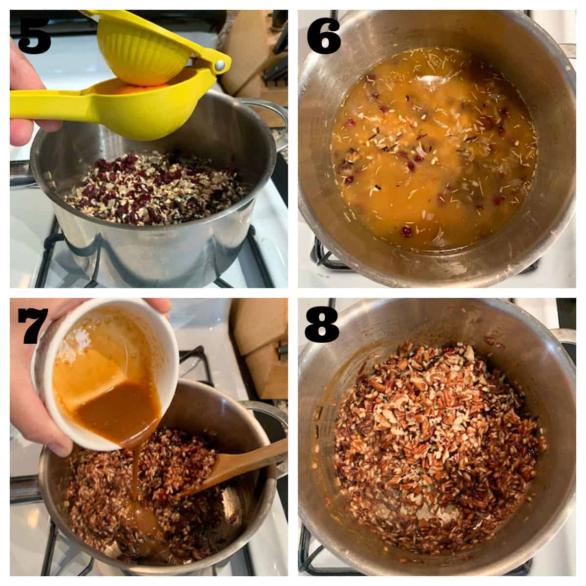 4 photo collage of adding citrus juice and sauce to the pot.