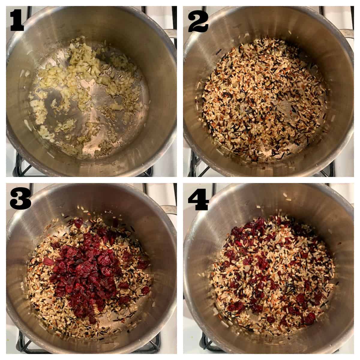 4 photo collage of cooking the rice with aromatics and broth.