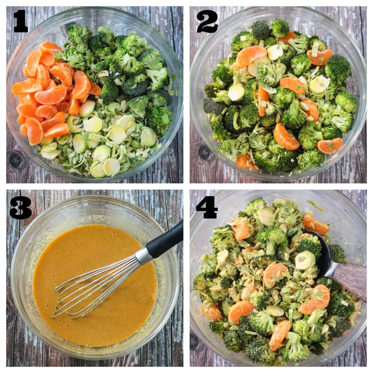 4 photo collage of mixing the ingredients in a bowl with the dressing.