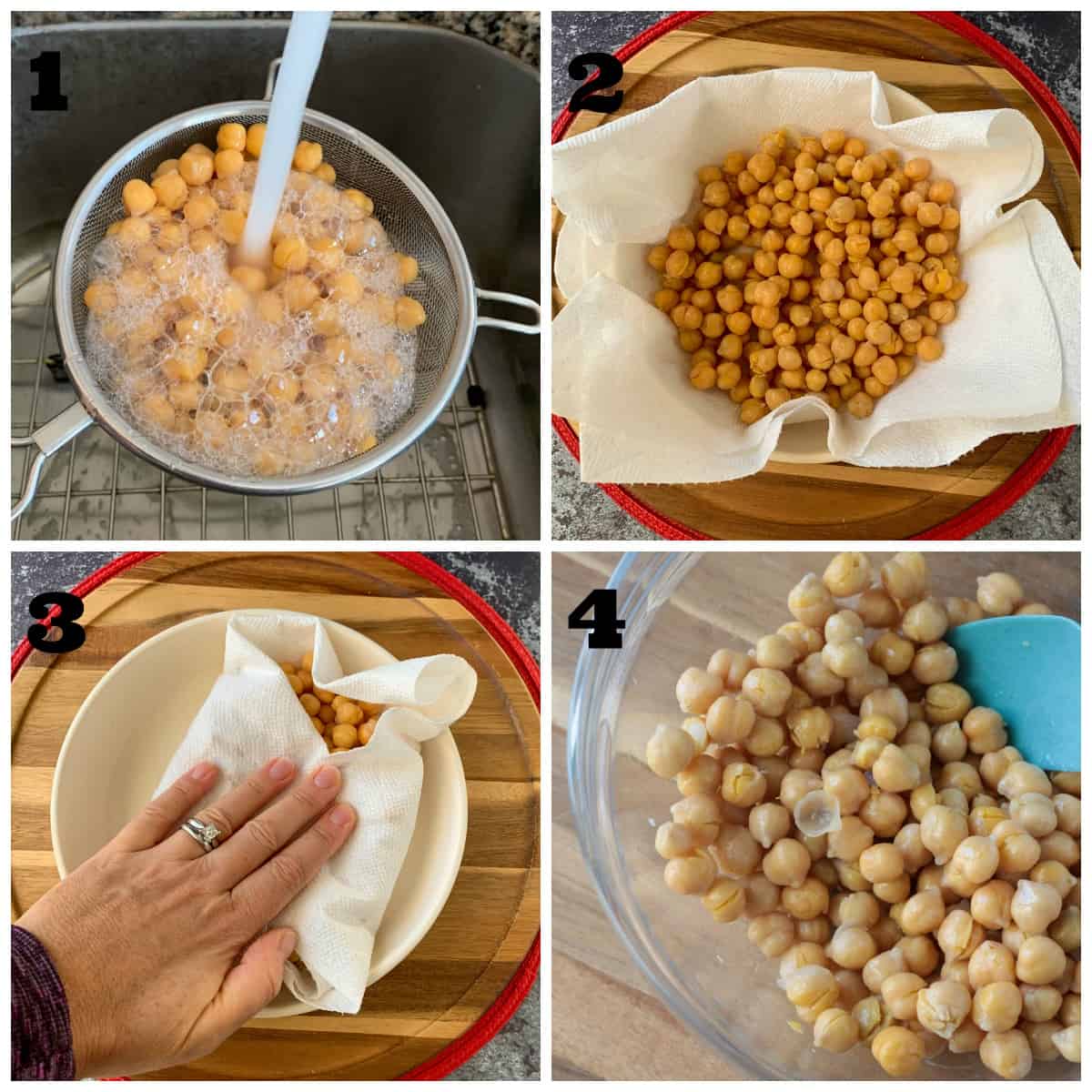 4 photo collage of rinsing, draining and drying canned chickpeas.