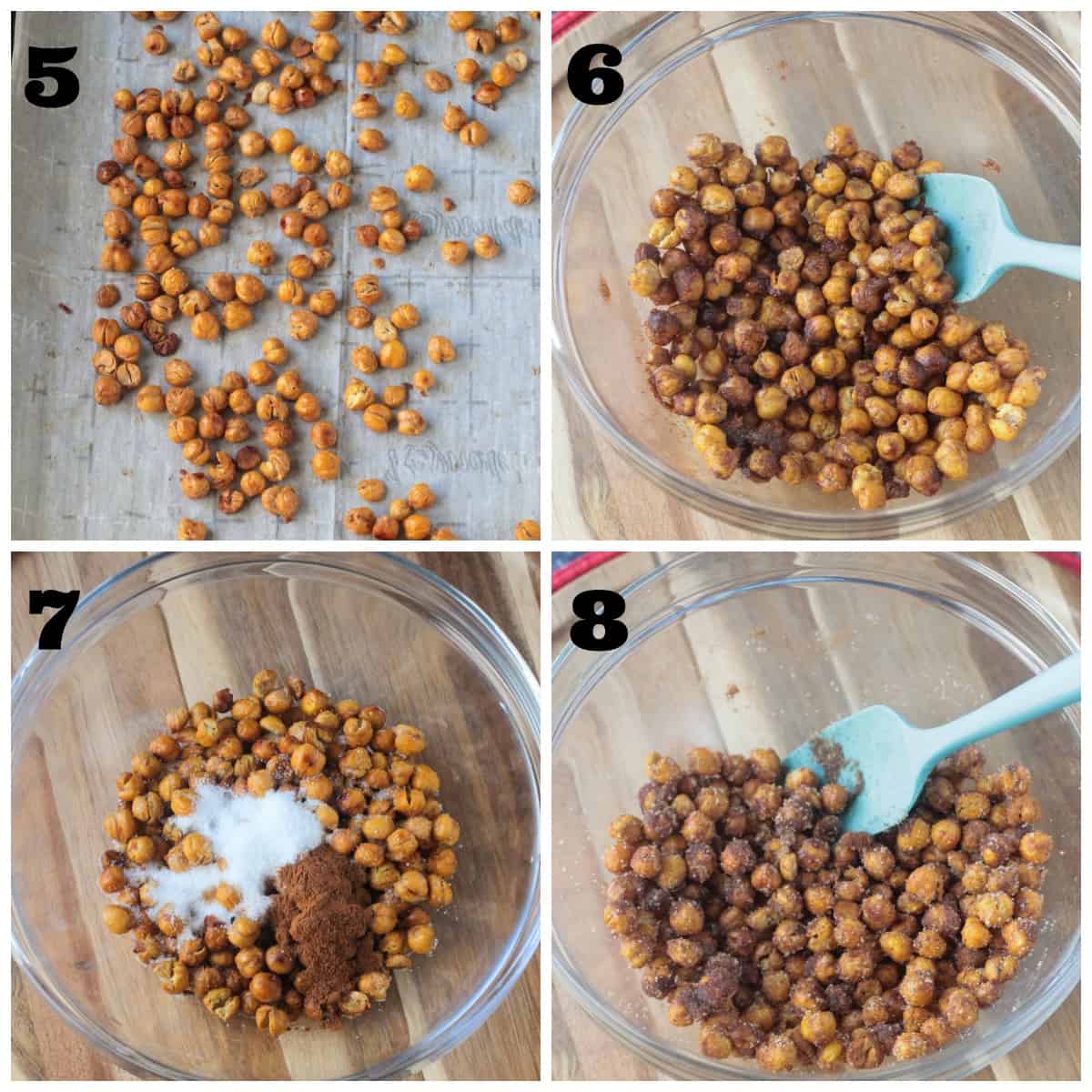 4 photo collage of roasting chickpeas and tossing them with cinnamon sugar mixture.