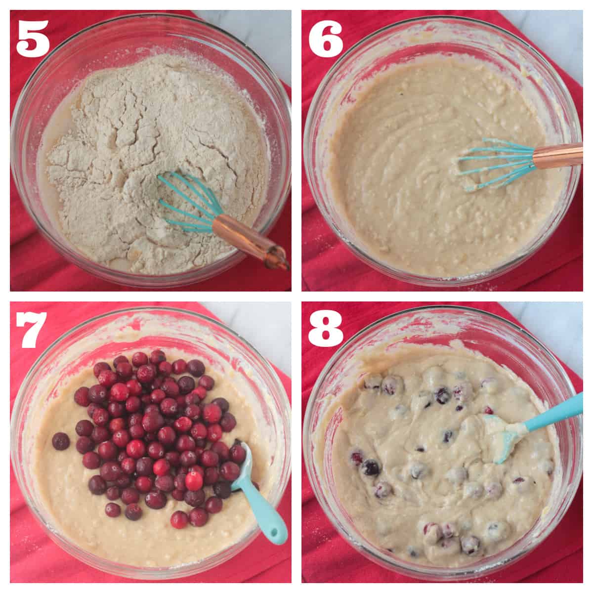 4 photo collage of making the batter and adding cranberries.