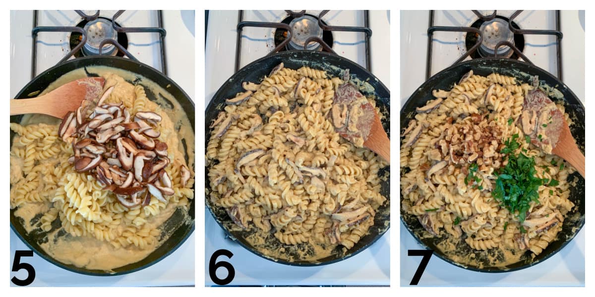 3 photo collage of adding the pasta, mushrooms, and walnuts to the sauce.