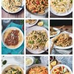 Collage of 9 vegan pasta recipes.
