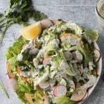 Overhead close up of the finished butter lettuce salad recipe.