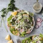 Overhead close up of the finished butter lettuce salad recipe.