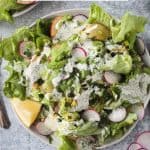 Overhead close up of the finished butter lettuce salad recipe.