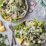 Two plates of butter lettuce salad with apples, radishes, herbs, and ranch.