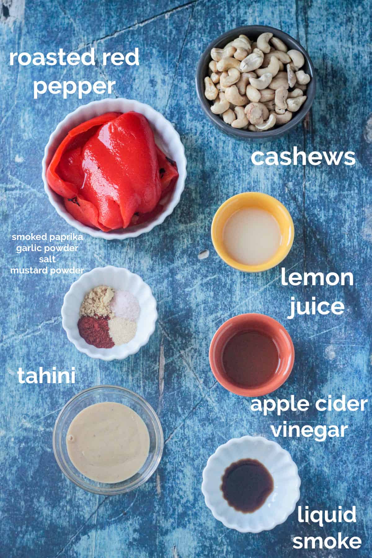 Recipe ingredients arrayed in individual bowls.