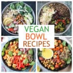 Four photo collage of a variety of grain bowl recipes.