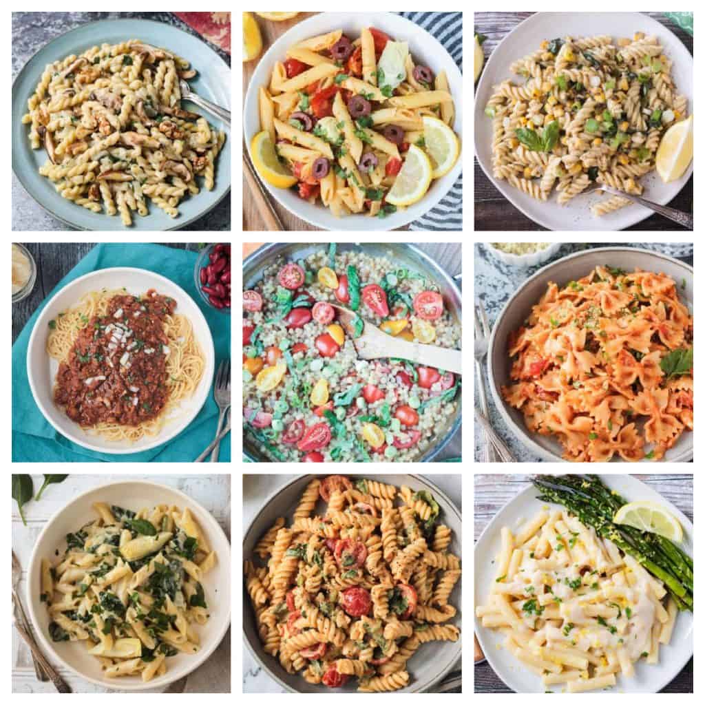 Collage of 9 vegan pasta recipes.