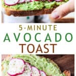 Two photo collage of smashed avocado spread on toast with radish slices.