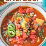 Bowl of vegetable chili soup.