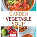 Three photo collage of chili soup, recipe ingredients, and finished dish.