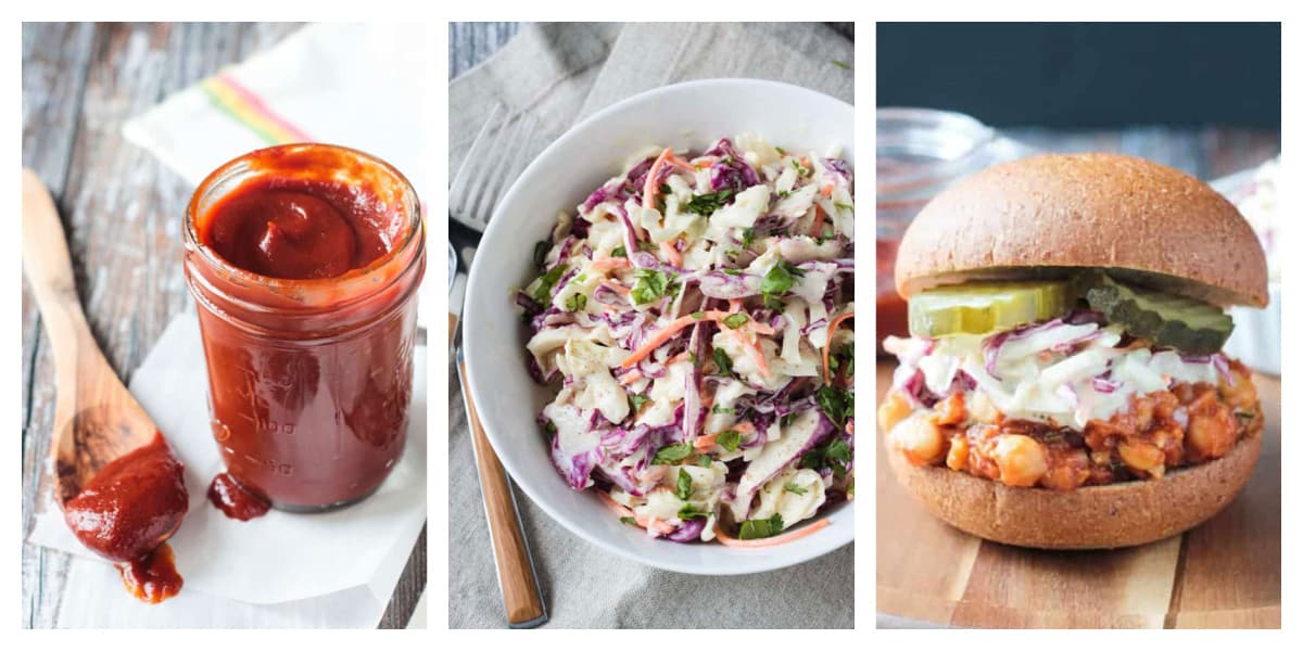 3 photo collage of the bbq sauce, coleslaw, and a sandwich.