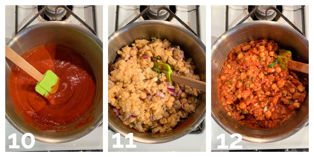 3 photo collage of adding ingredients to the bbq sauce and simmering on the stove.