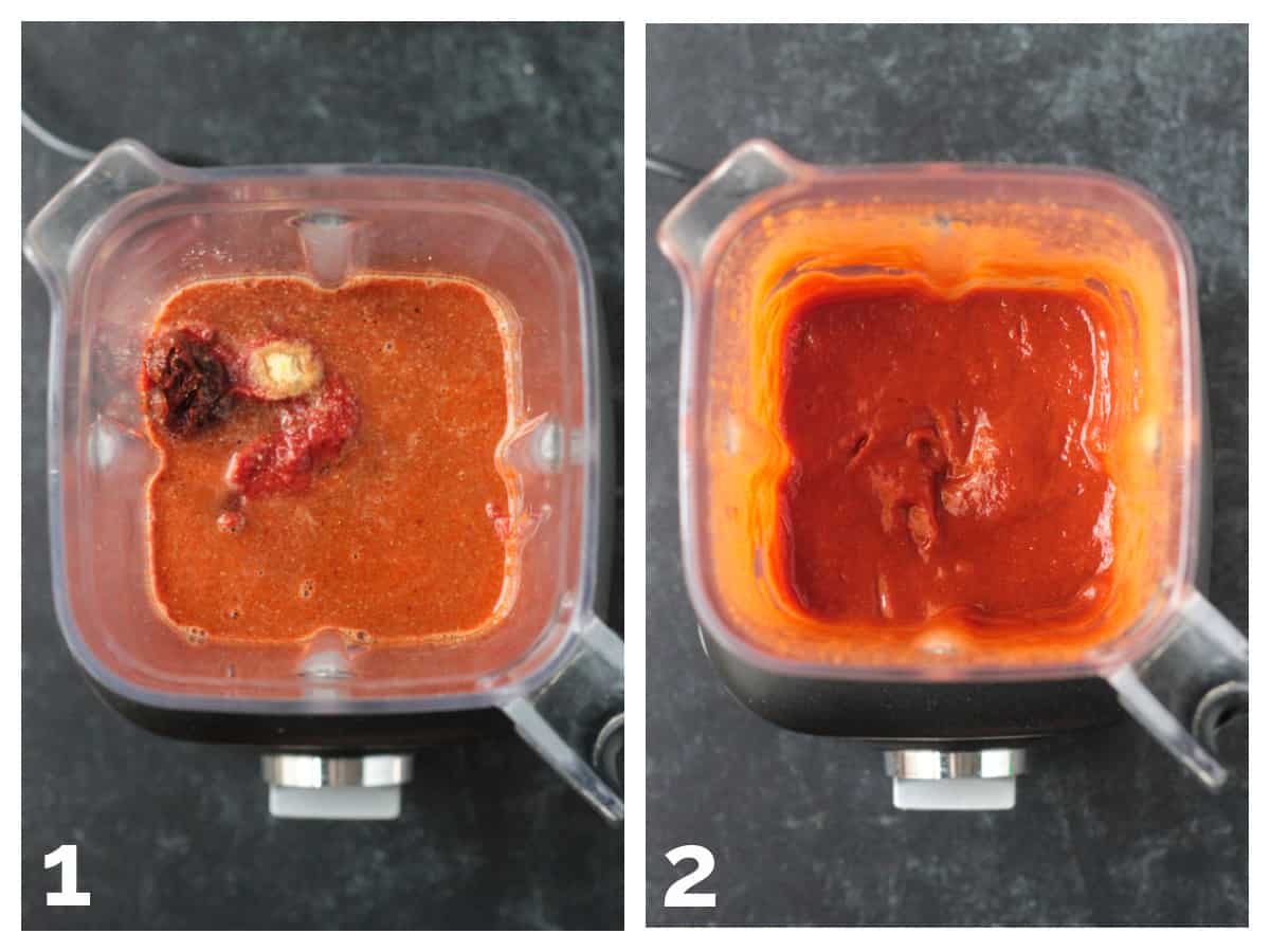 Two photo collage of blending the BBQ sauce in a Vitamix blender.