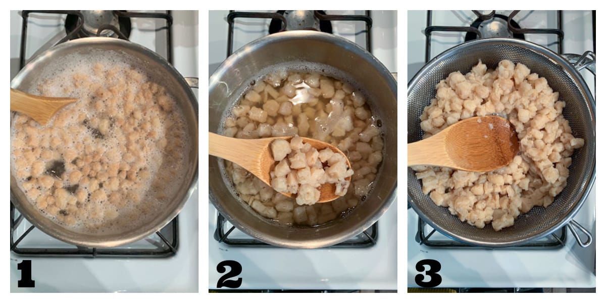 3 photo collage of prepping the vegan sausage crumbles.