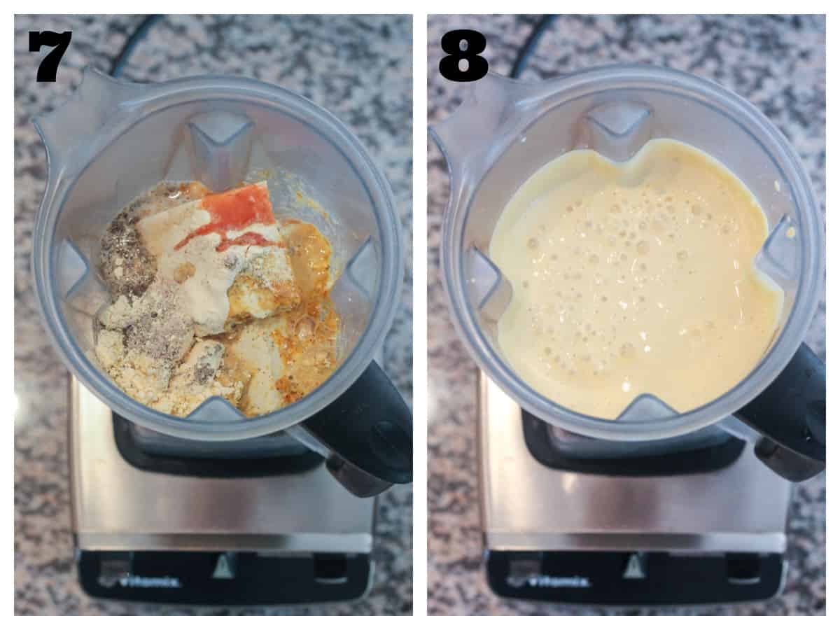 2 photo collage of making the vegan egg mixture in a blender.