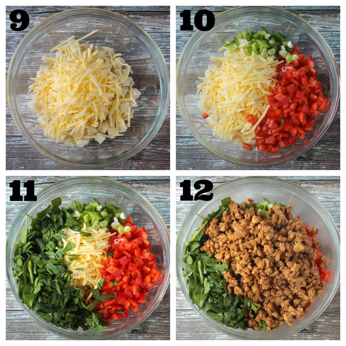 4 photo collage of mixing the vegetables, cheese, and sausage in a mixing bowl.