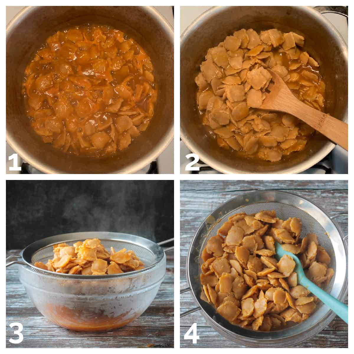 4 photo collage of cooking and draining the soy curls.
