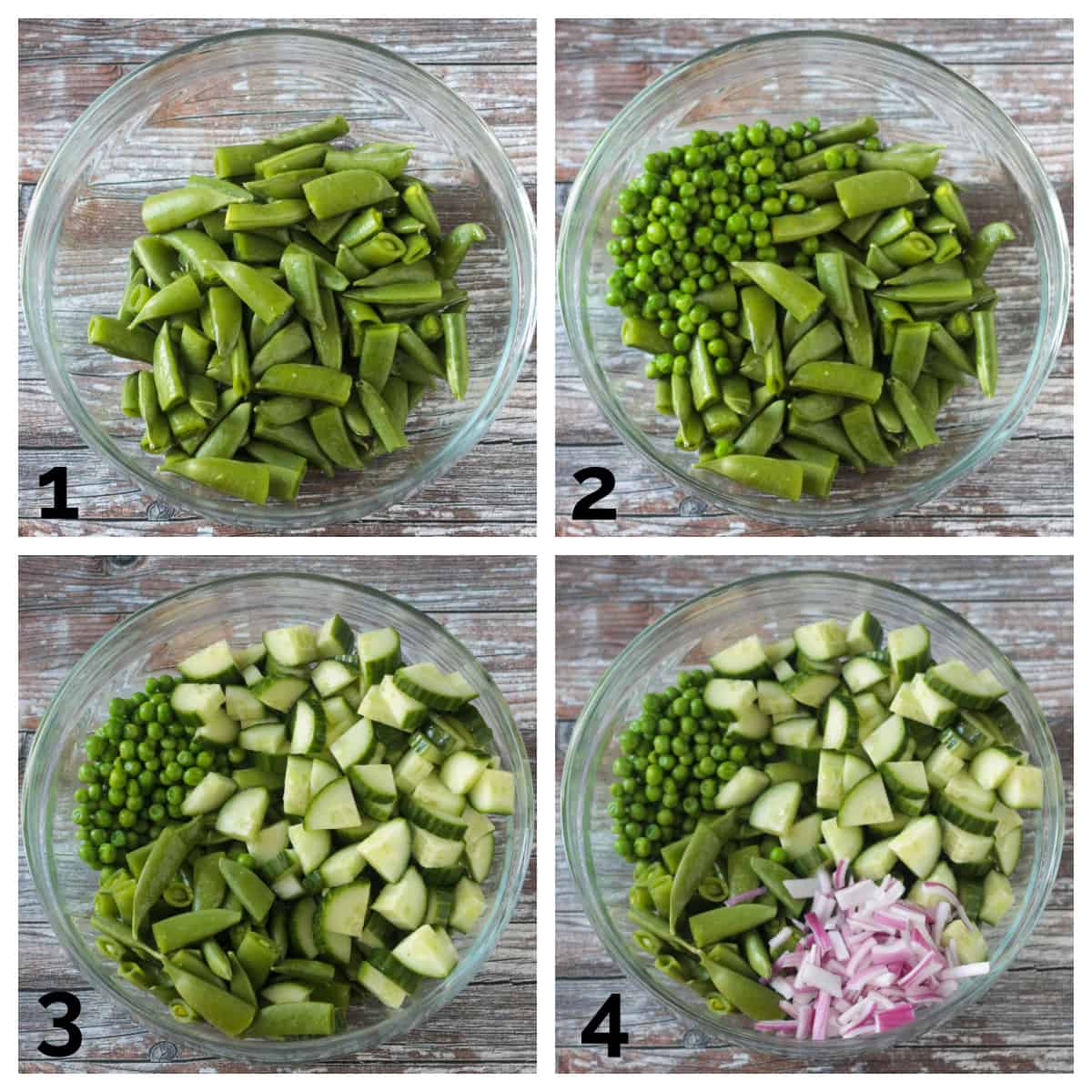 4 photo collage of adding the snap peas, sweet peas, cucumbers, and red onions to a bowl.