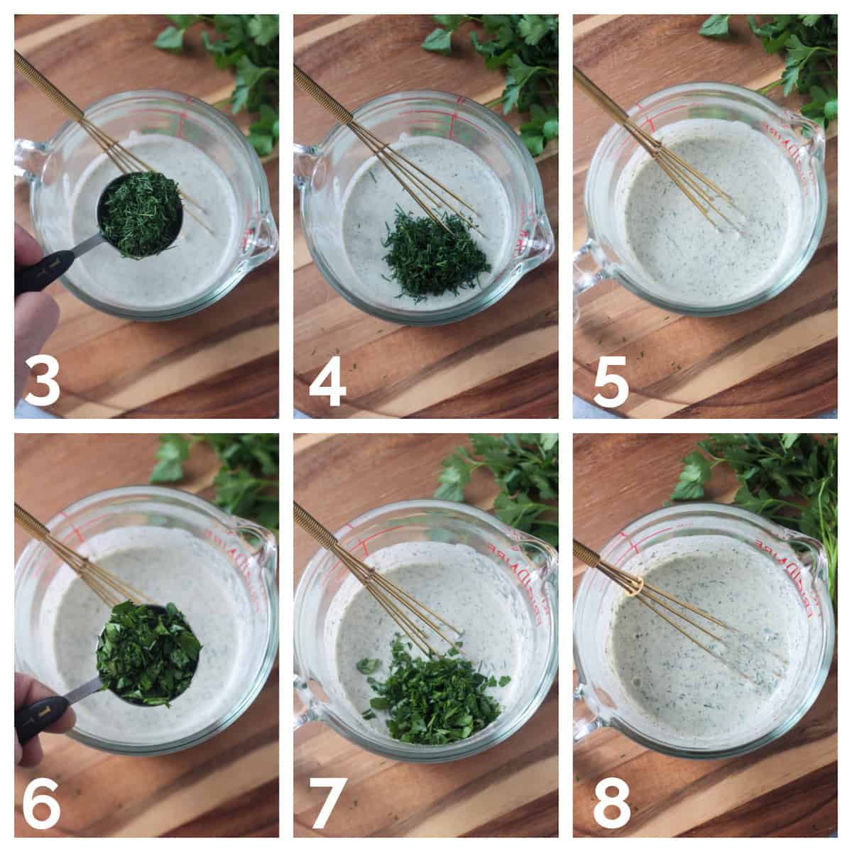 6 photo collage of adding the fresh herbs to the blended dressing and whisking them.