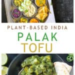 Two photo collage of the Plant-Based India cookbook and a meal of palak tofu.