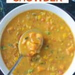 Sweet potato corn chowder in a bowl with a spoon.