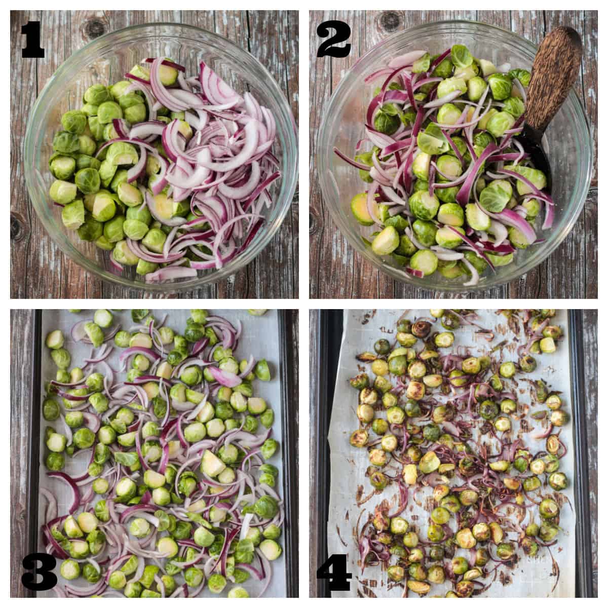 4 photo collage of mixing the vegetables and roasting them on a baking sheet.