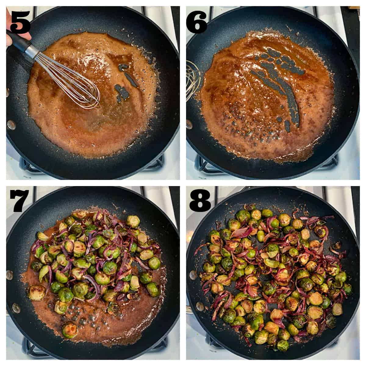 4 photo collage of reducing the balsamic glaze and adding the vegetables.