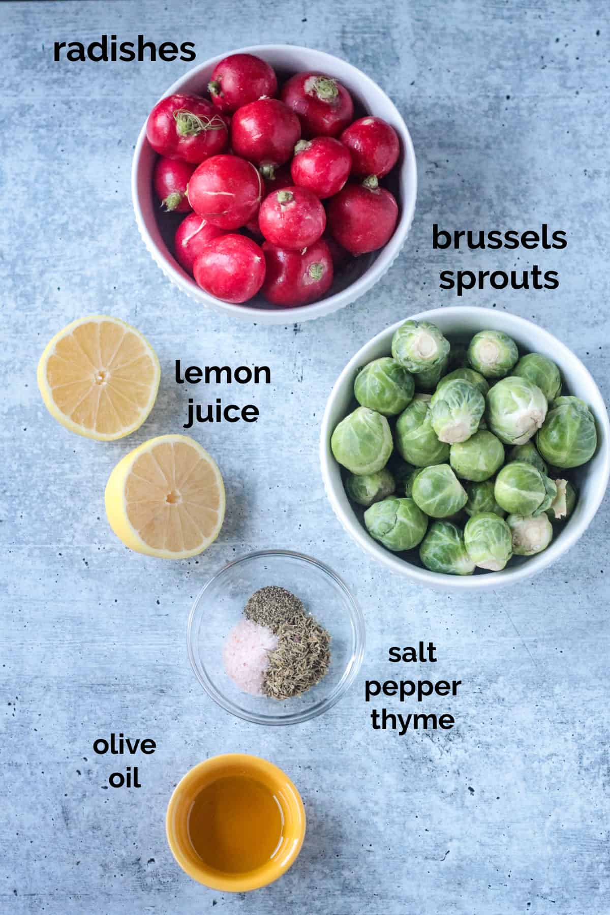 Recipe ingredients arrayed in individual bowls.