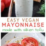 Vegan mayonnaise in a jar with a hand holding a piece of toast with mayo and tomatoes on top.