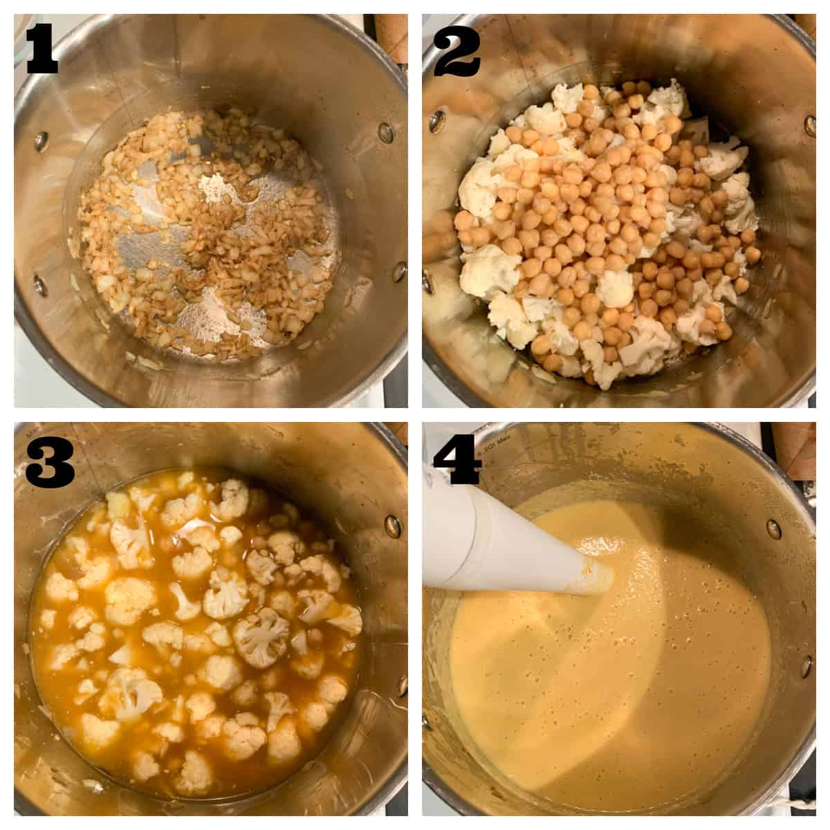4 photo collage of sautéing, simmering and puréeing ingredients to make the recipe.
