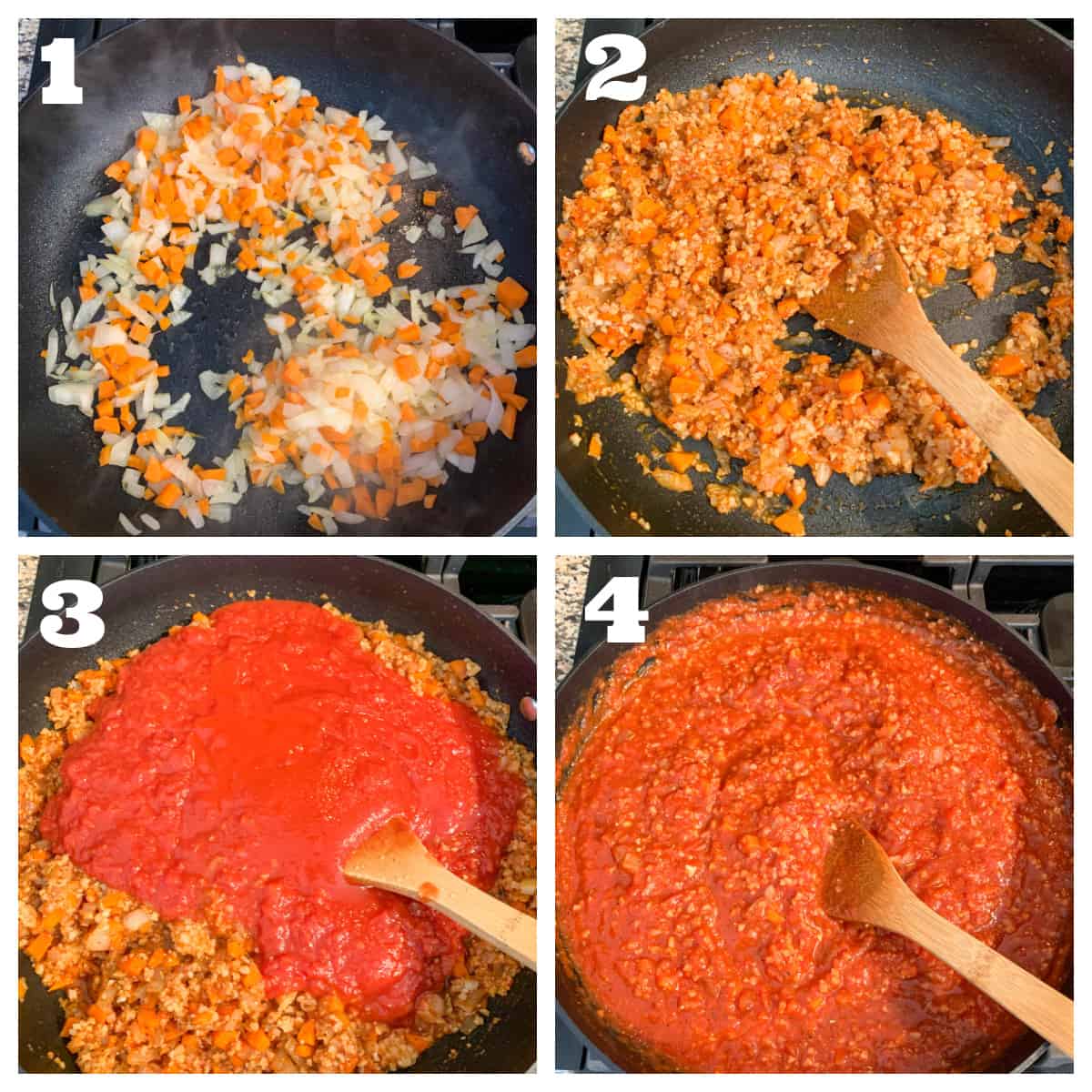 4 photo collage of sautéing the vegetables and simmering with tomato sauce.