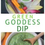 Goddess dip in a bowl on a plate with fancy carrots, endive leaves, and small radishes.