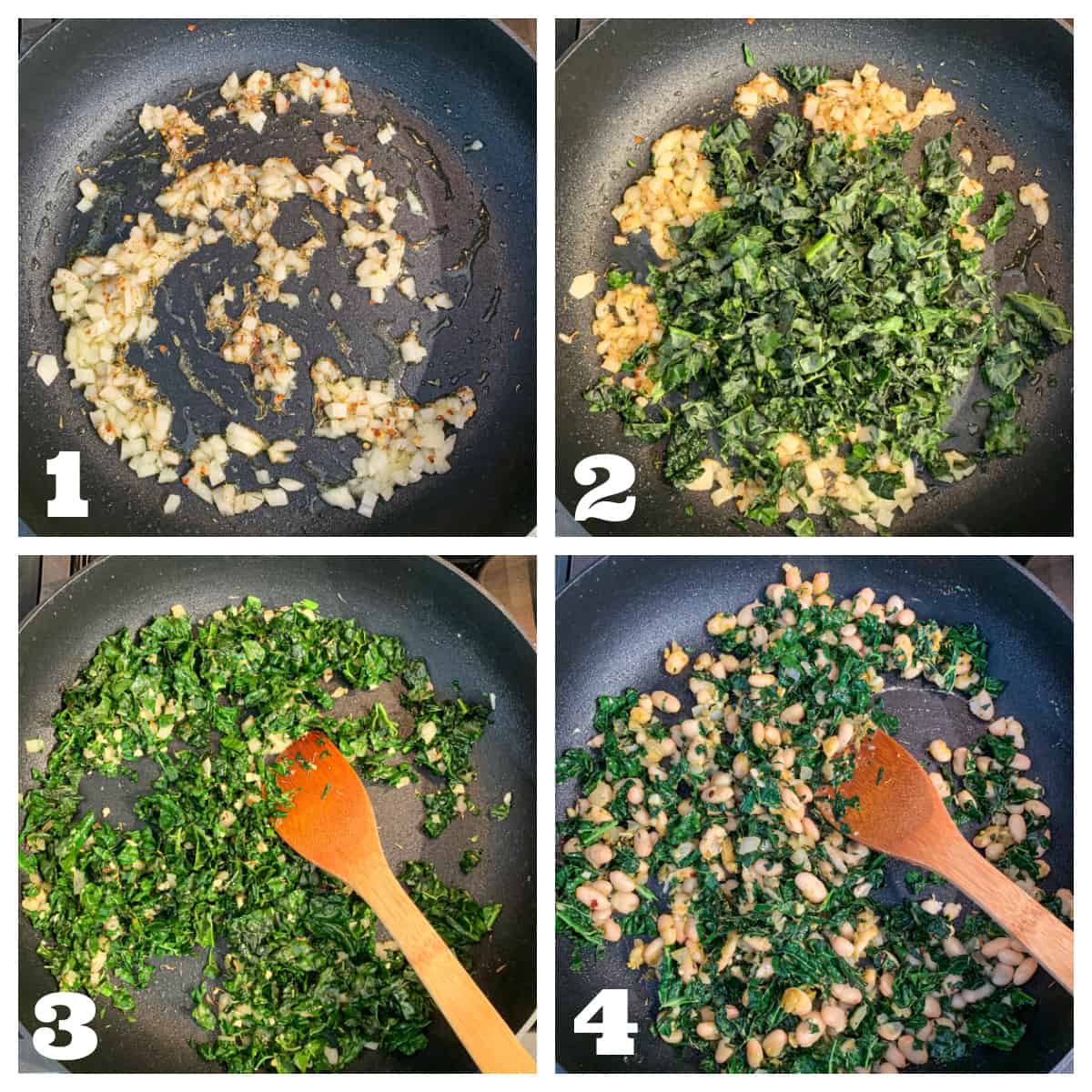 4 photo collage of sautéing the aromatics, greens, and beans.