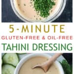 Two photo collage of adding herbs to tahini goddess dressing and dip in a serving bowl.