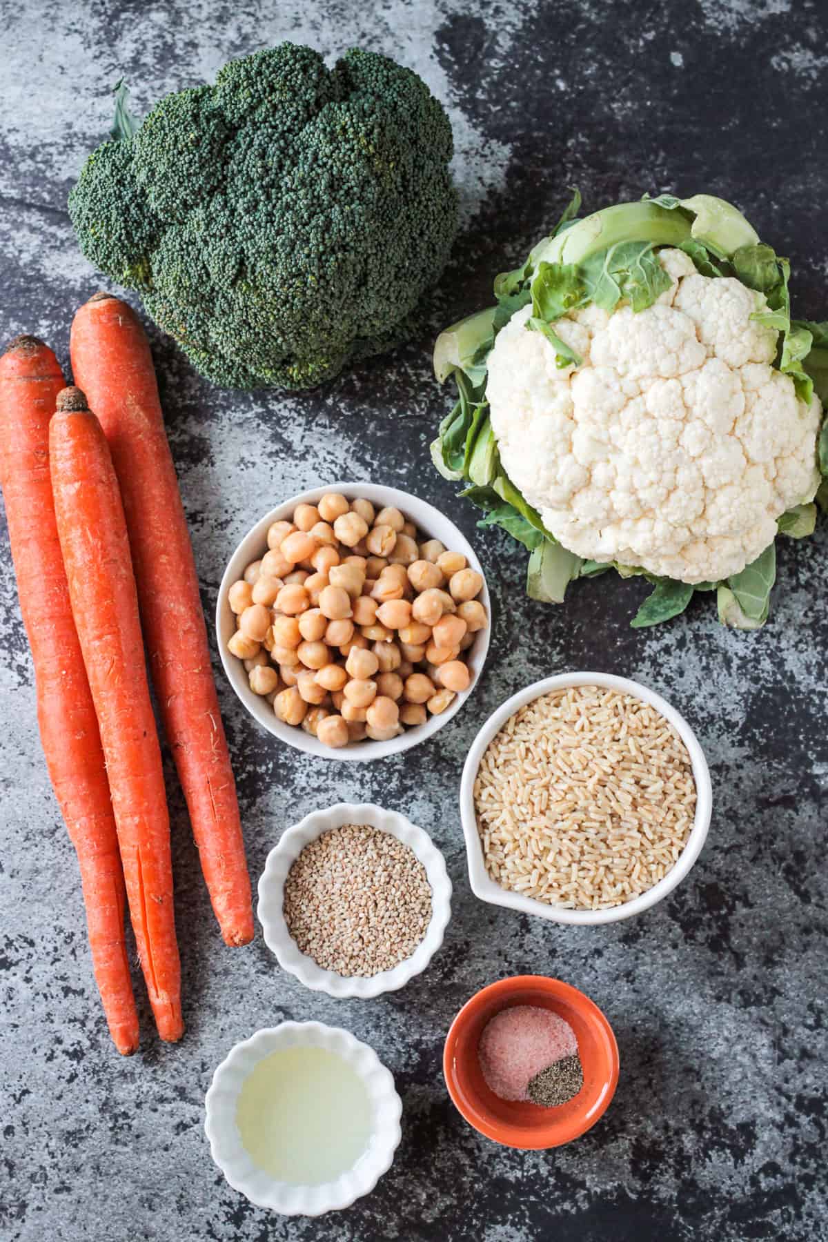 Individual ingredient components of a vegan buddha bowl.