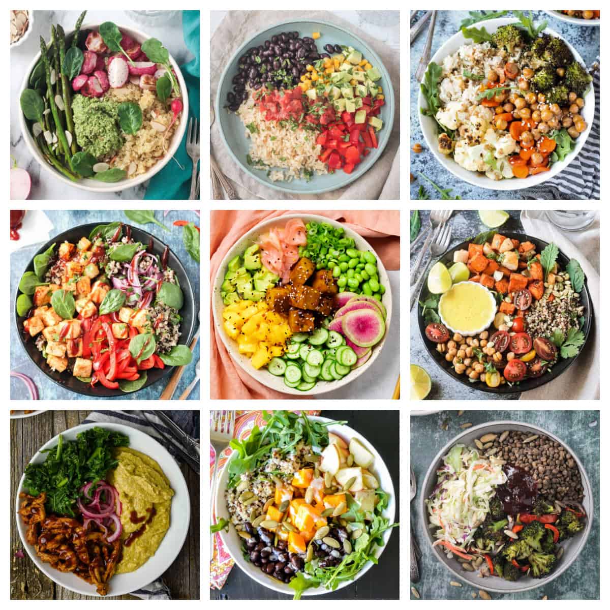 9 photo collage of vegan bowl recipes.