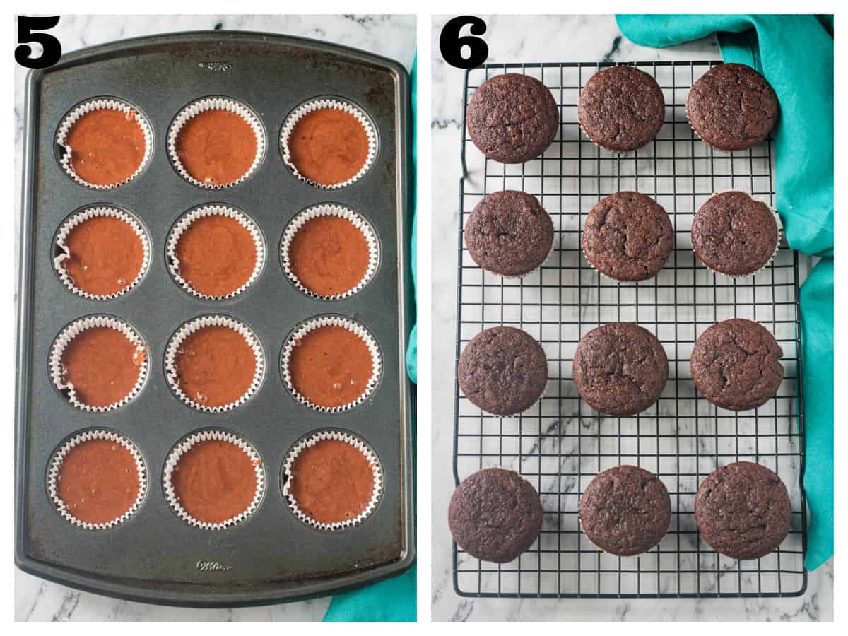 2 photo collage of batter in a cupcake pan and baked cupcakes on a cooling rack.