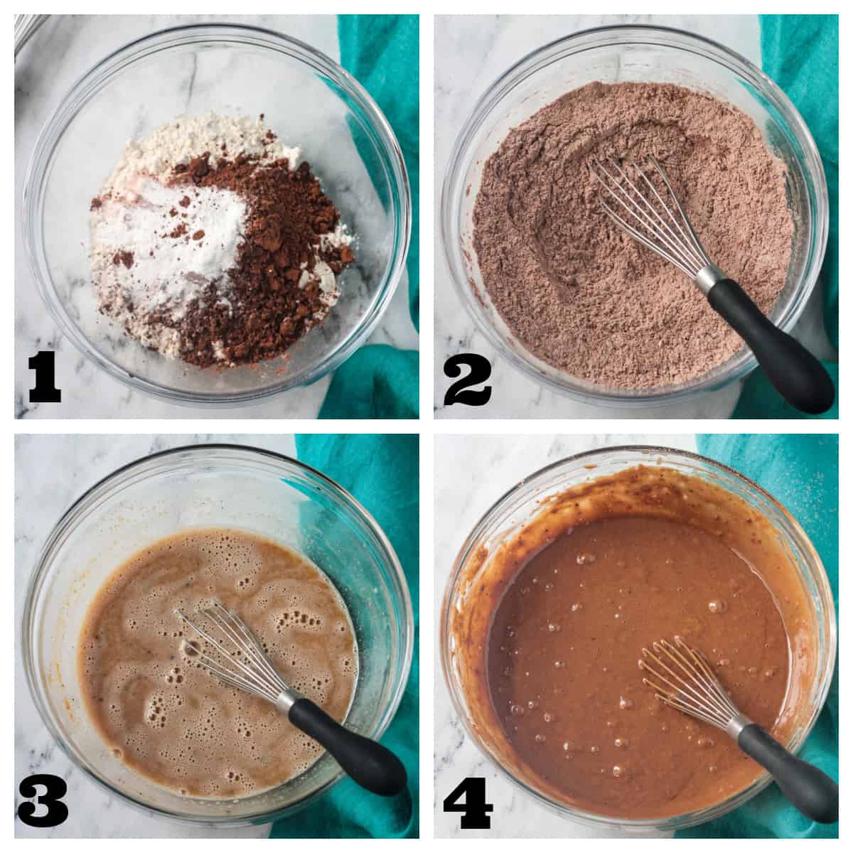 4 photo collage of whisking the dry and wet ingredients and combining them into batter.