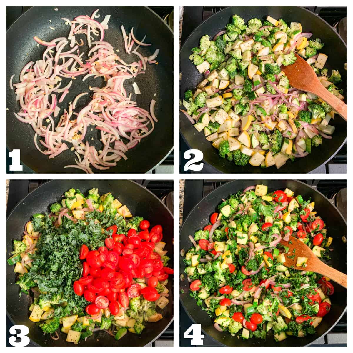 4 photo collage of sautéing onions, broccoli, squash, kale, and tomatoes.