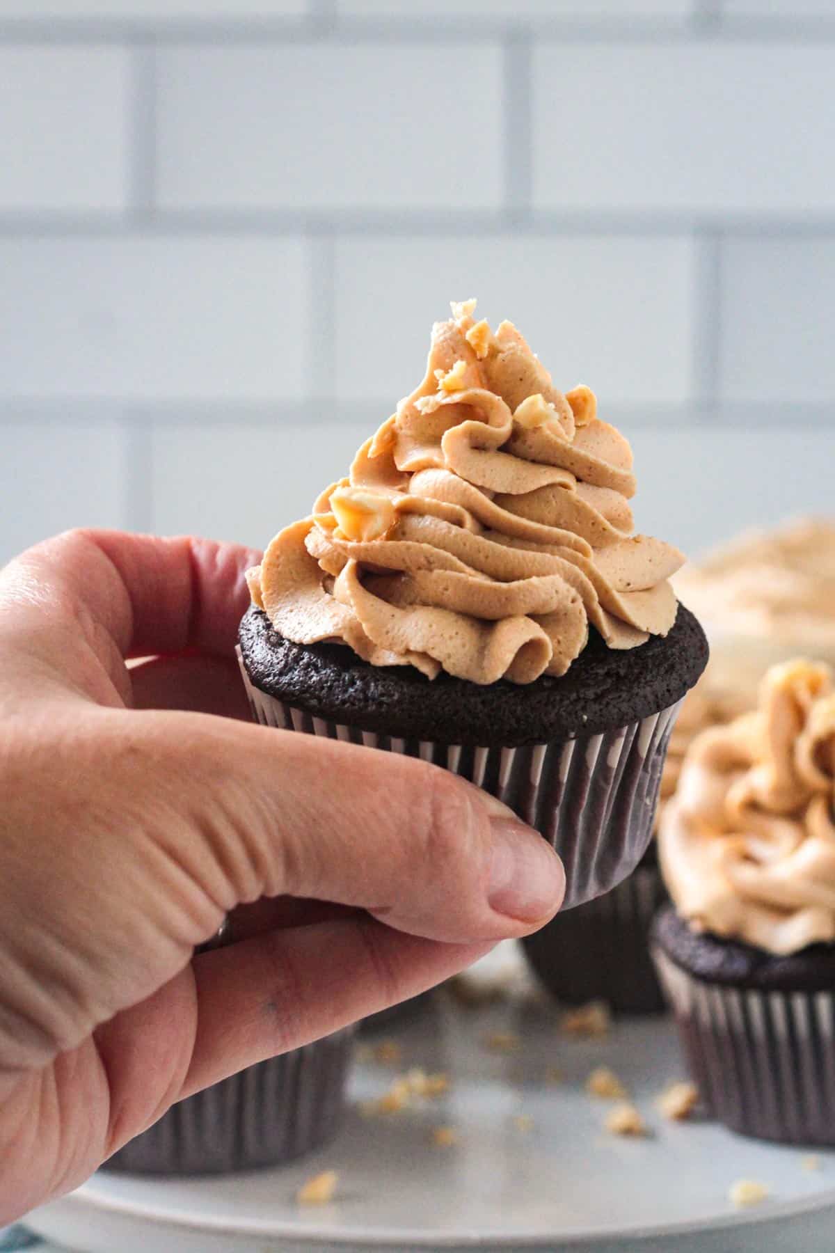 Hand holding a peanut butter frosting chocolate cupcake.