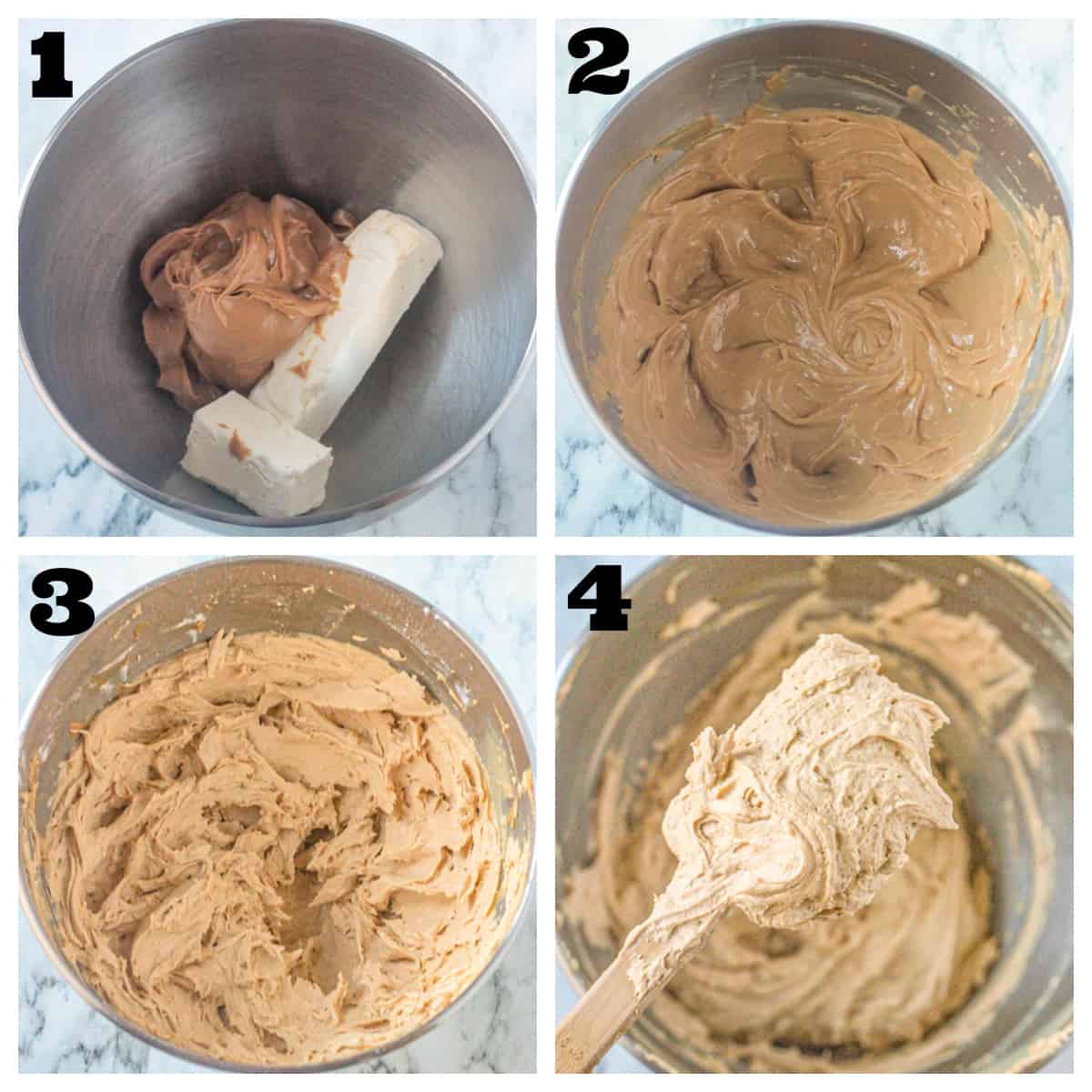 4 photo collage of adding ingredients to an electric mixer and whipping until smooth.