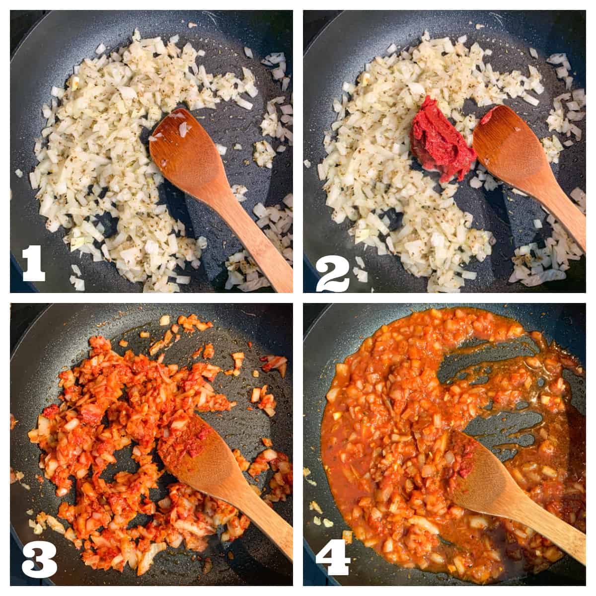 4 photo collage of sautéing vegetables, tomato paste, and red wine.