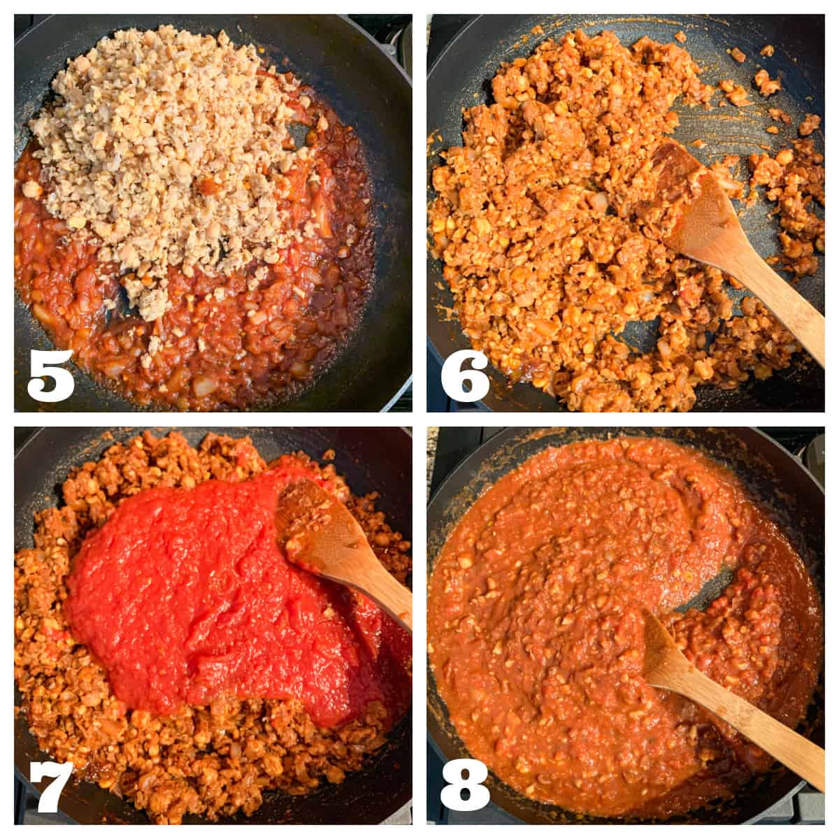 4 photo collage of adding the chickpea walnut mixture and crushed tomatoes and stirring it all together.