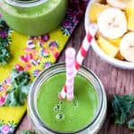 Overhead view of a pineapple spinach green smoothie.