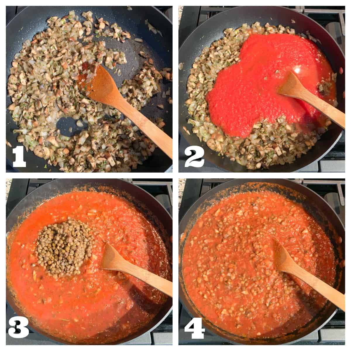 4 photo collage of sautéing veggies and adding sauce and lentils.